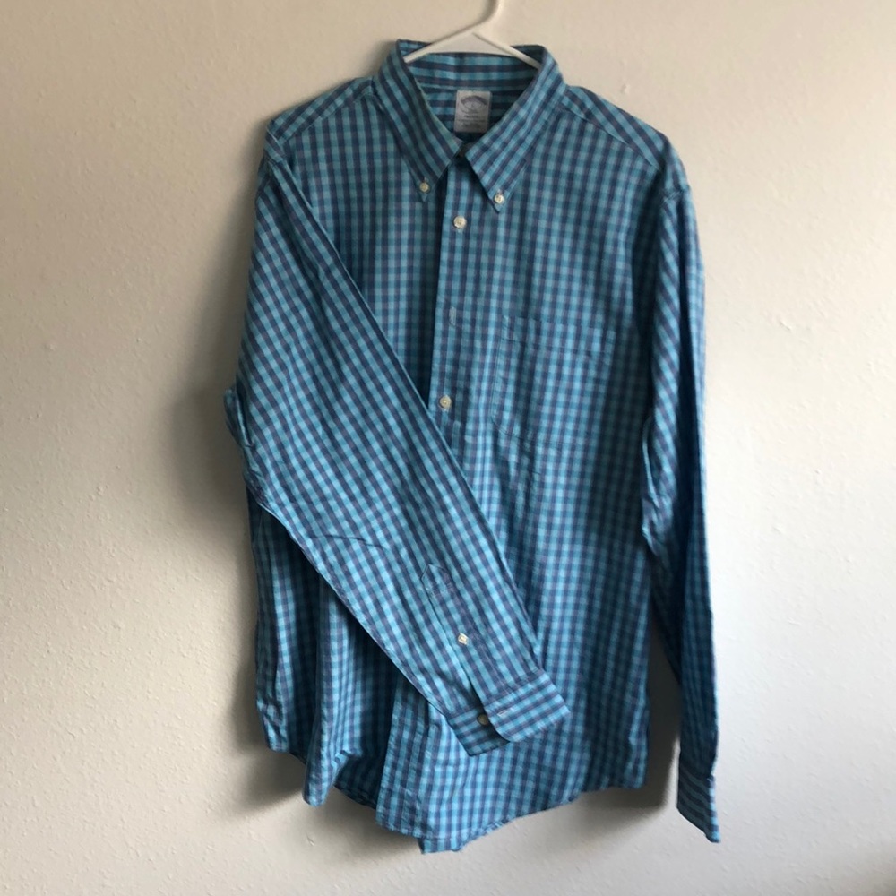 Blue gingham dress shirt by Brooks Bro’s